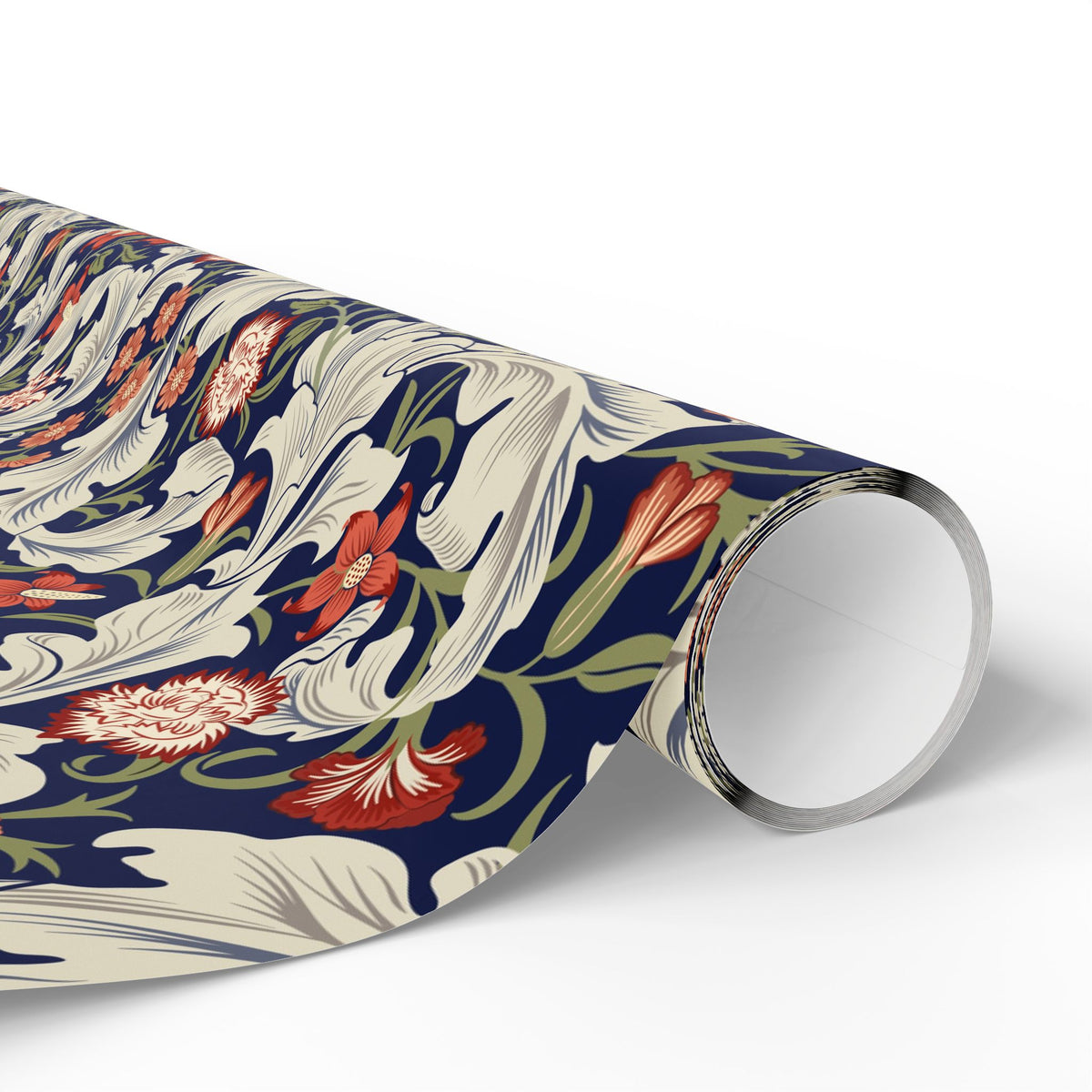 Roll of floral patterned paper with red flowers on a blue background