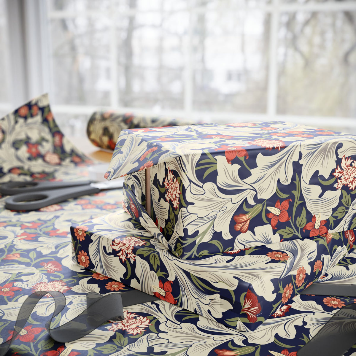 Floral patterned bed sheets on a bed with a blurred background