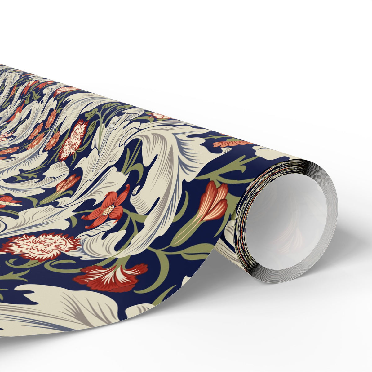 Roll of floral patterned paper on a white background