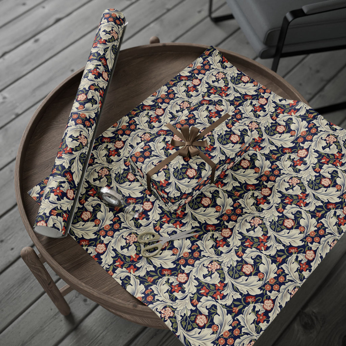 Floral-patterned fabric on a wooden surface