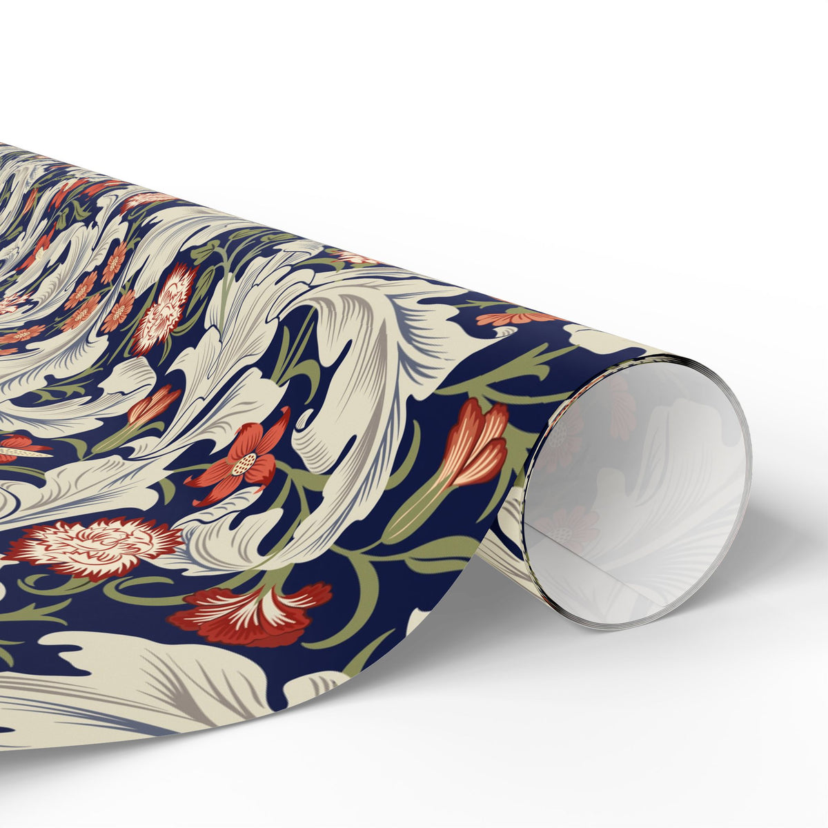Roll of floral patterned paper on a white background