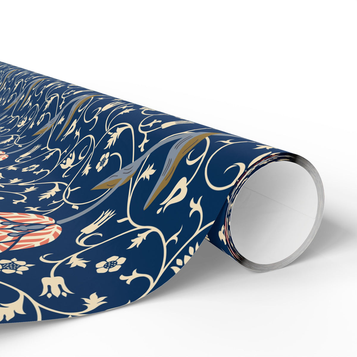 Roll of decorative paper with floral pattern on a white background