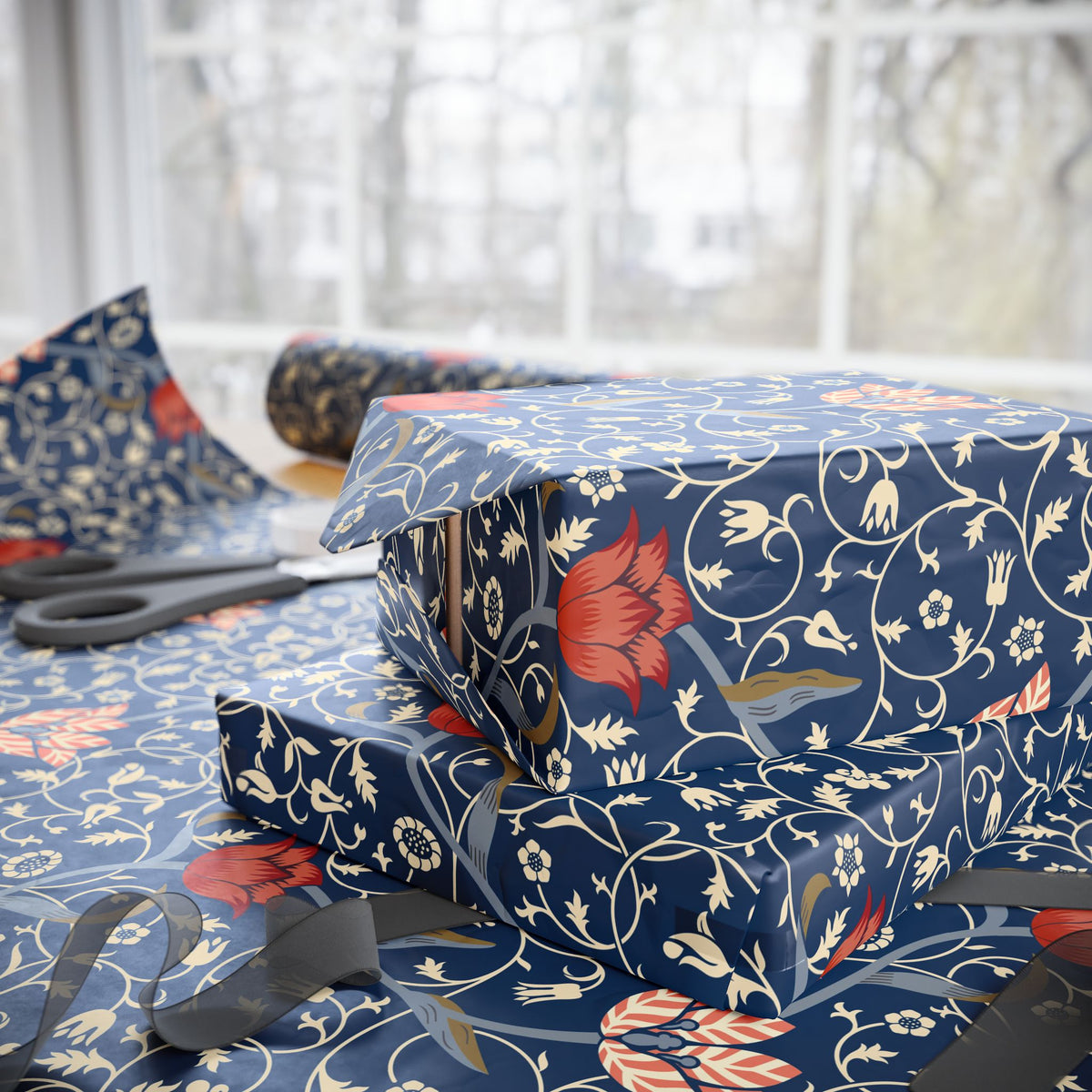 Stack of wrapped presents with floral pattern on a table