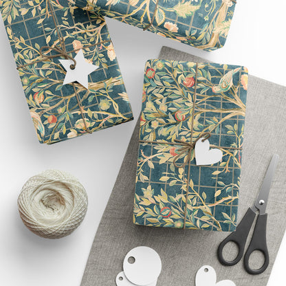 Gift-wrapped packages with decorative paper, scissors, and yarn on a white surface