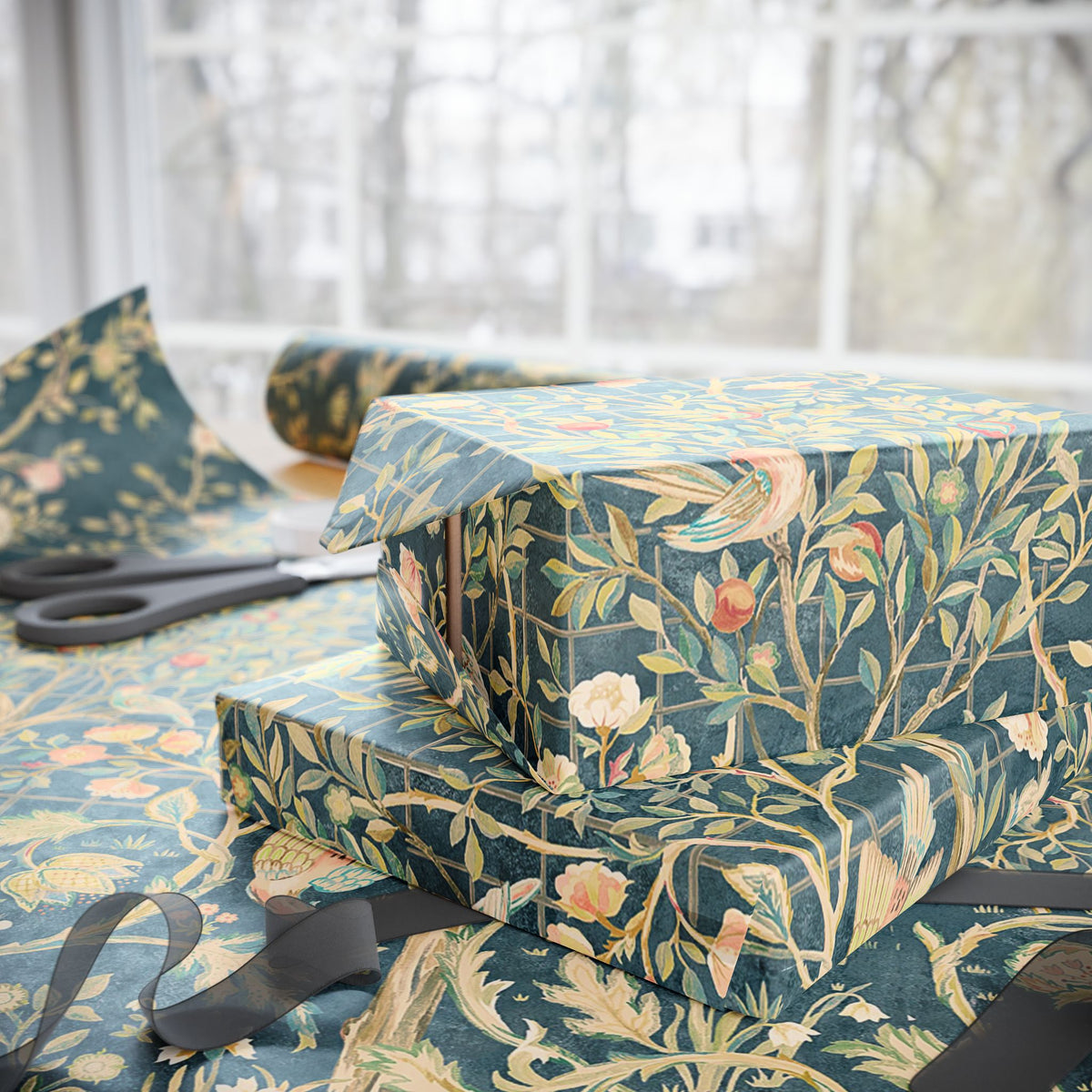 Gift boxes wrapped in floral patterned paper with ribbons on a table.