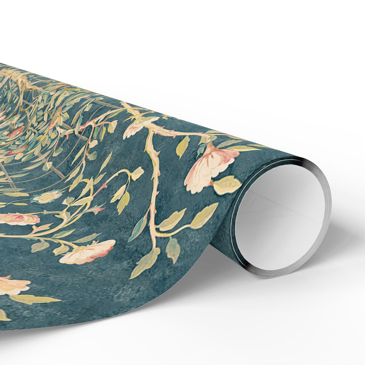 Roll of floral-patterned paper on a white background