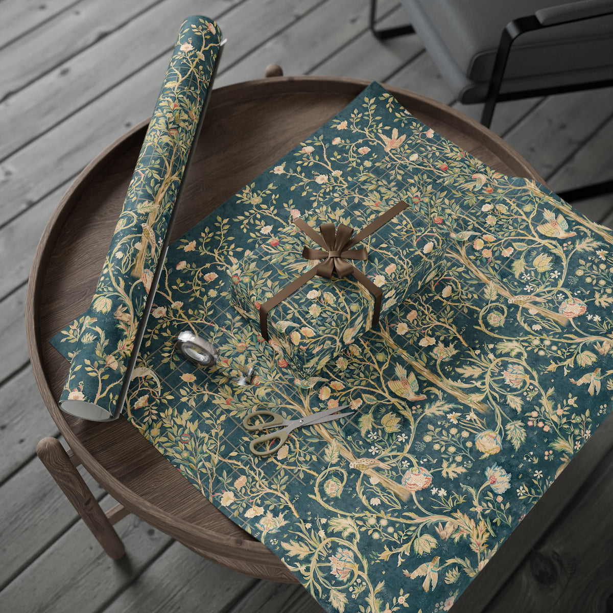 Decorative table runner with floral pattern on a wooden table