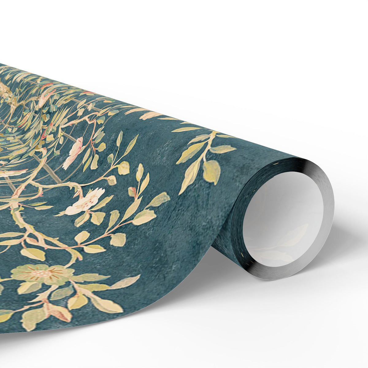 Roll of decorative paper with floral pattern on a white background