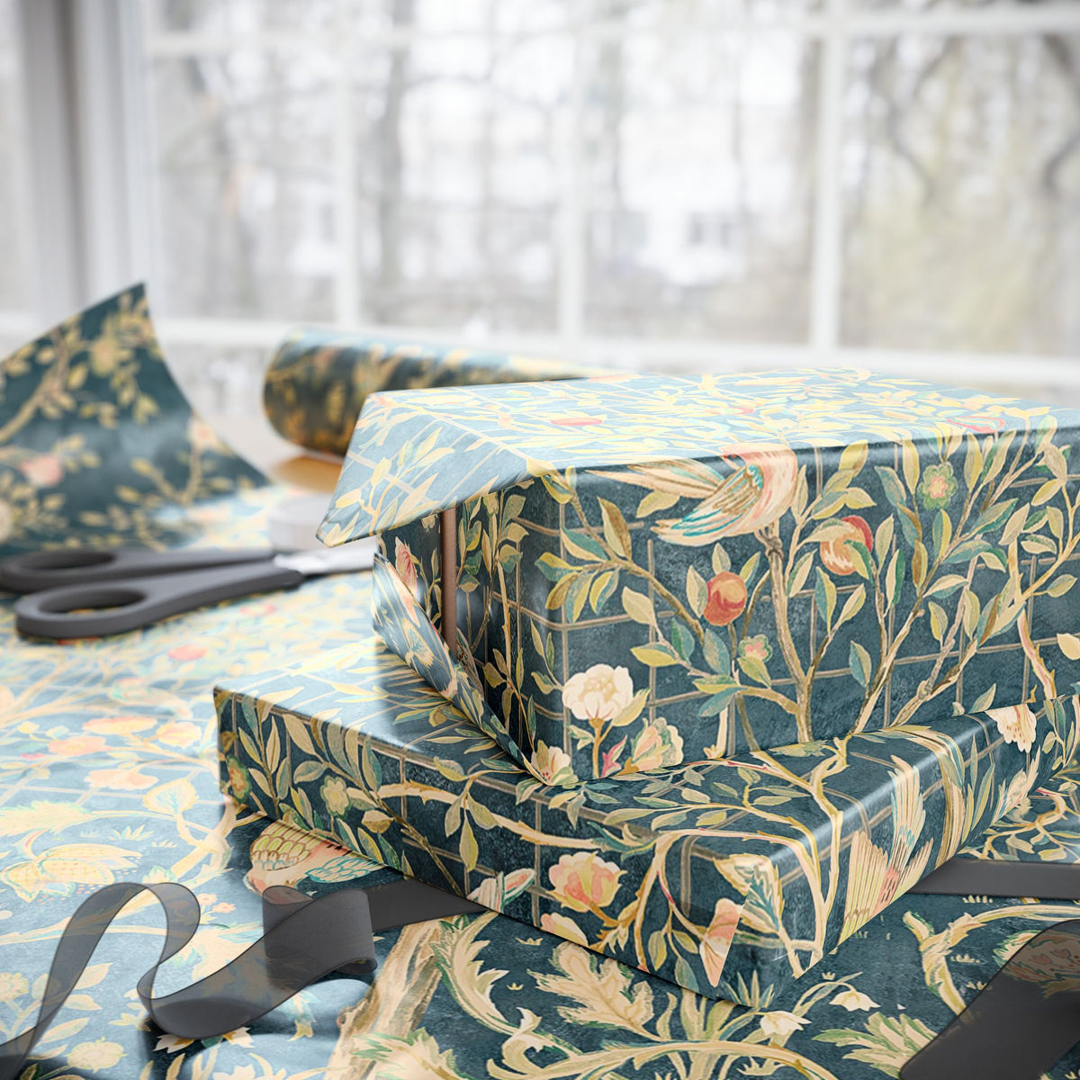 Floral-patterned gift box on a table with scissors