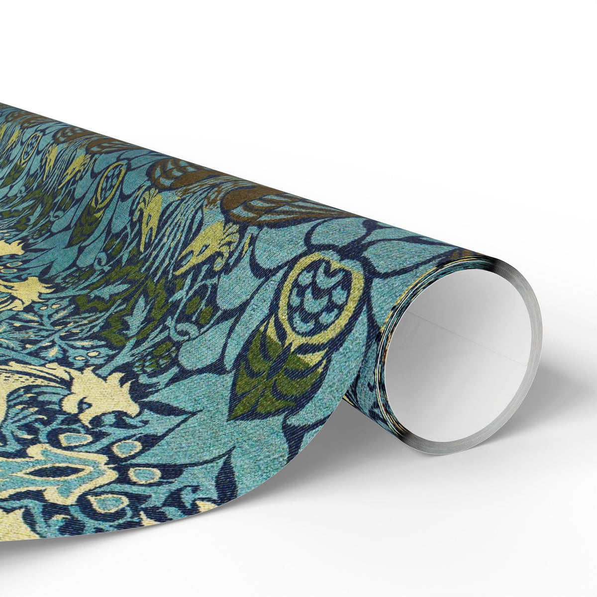 Roll of decorative paper with a peacock feather pattern on a white background