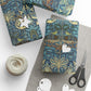 Gift-wrapped items with decorative paper, scissors, and yarn on a white surface