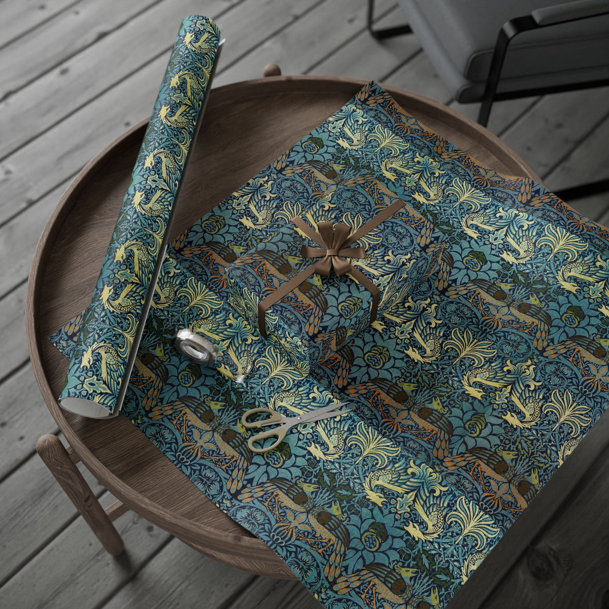 Patterned fabric with scissors on a wooden surface