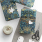 Patterned wrapping paper with scissors and yarn on a white surface