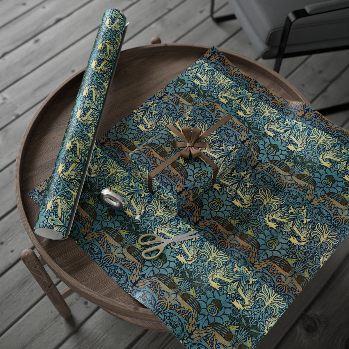 Decorative wrapping paper with a pattern on a wooden surface