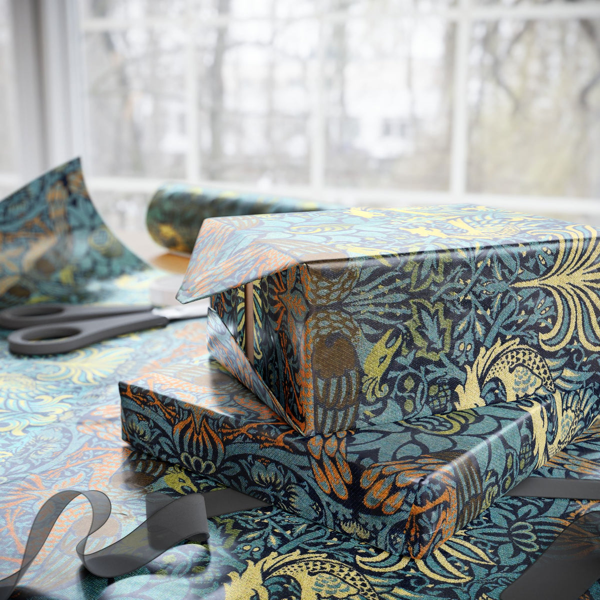 Stack of wrapped presents with decorative paper on a table.