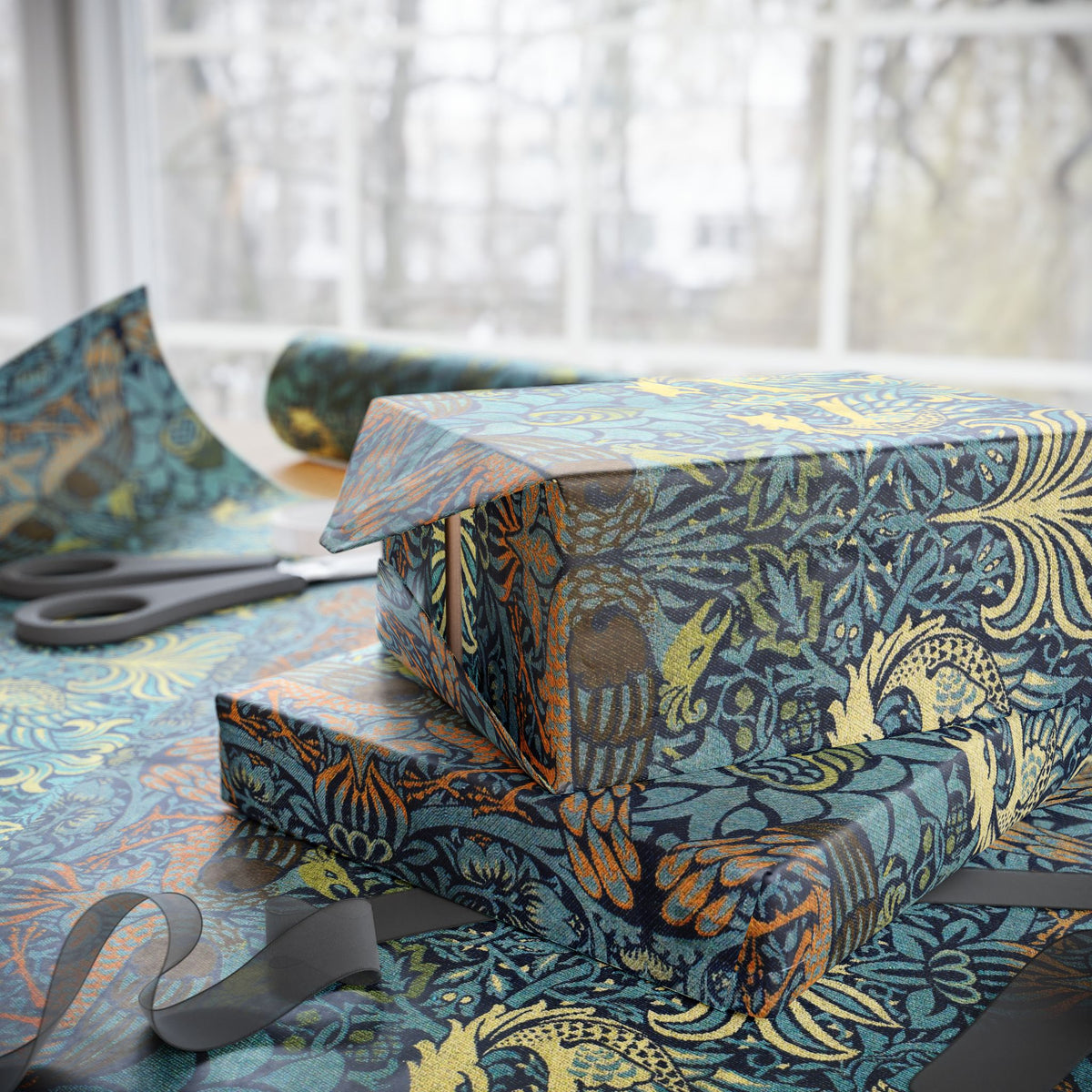 Gift wrapped in decorative paper with scissors on a matching tablecloth.