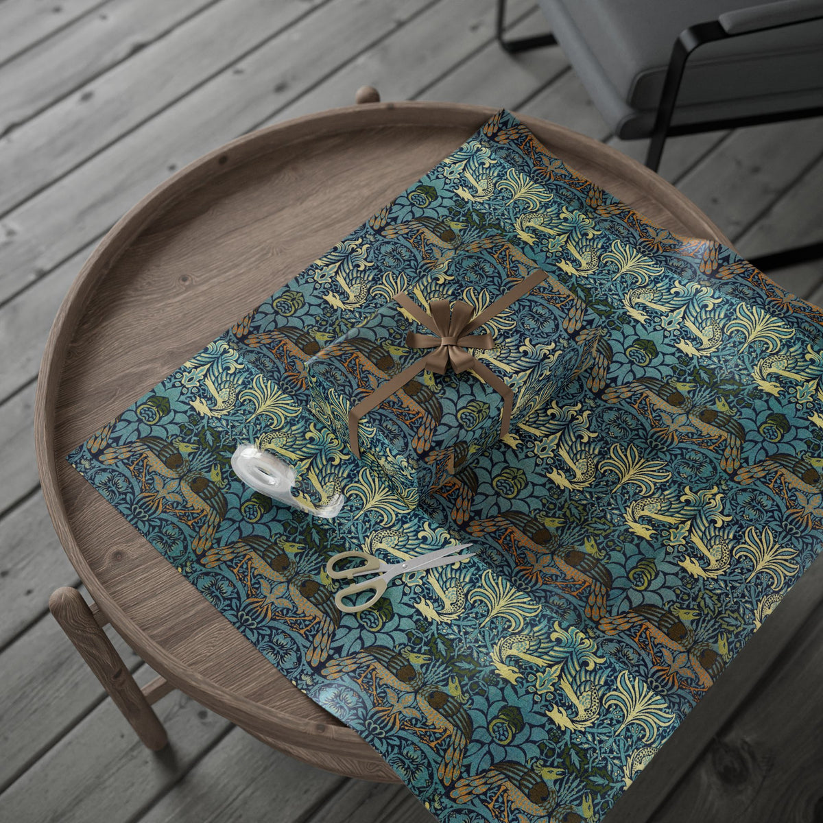 Decorative wrapping paper with a pattern on a wooden tray