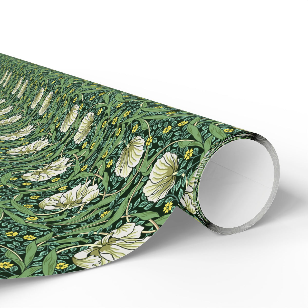 Roll of green floral wrapping paper on a white background