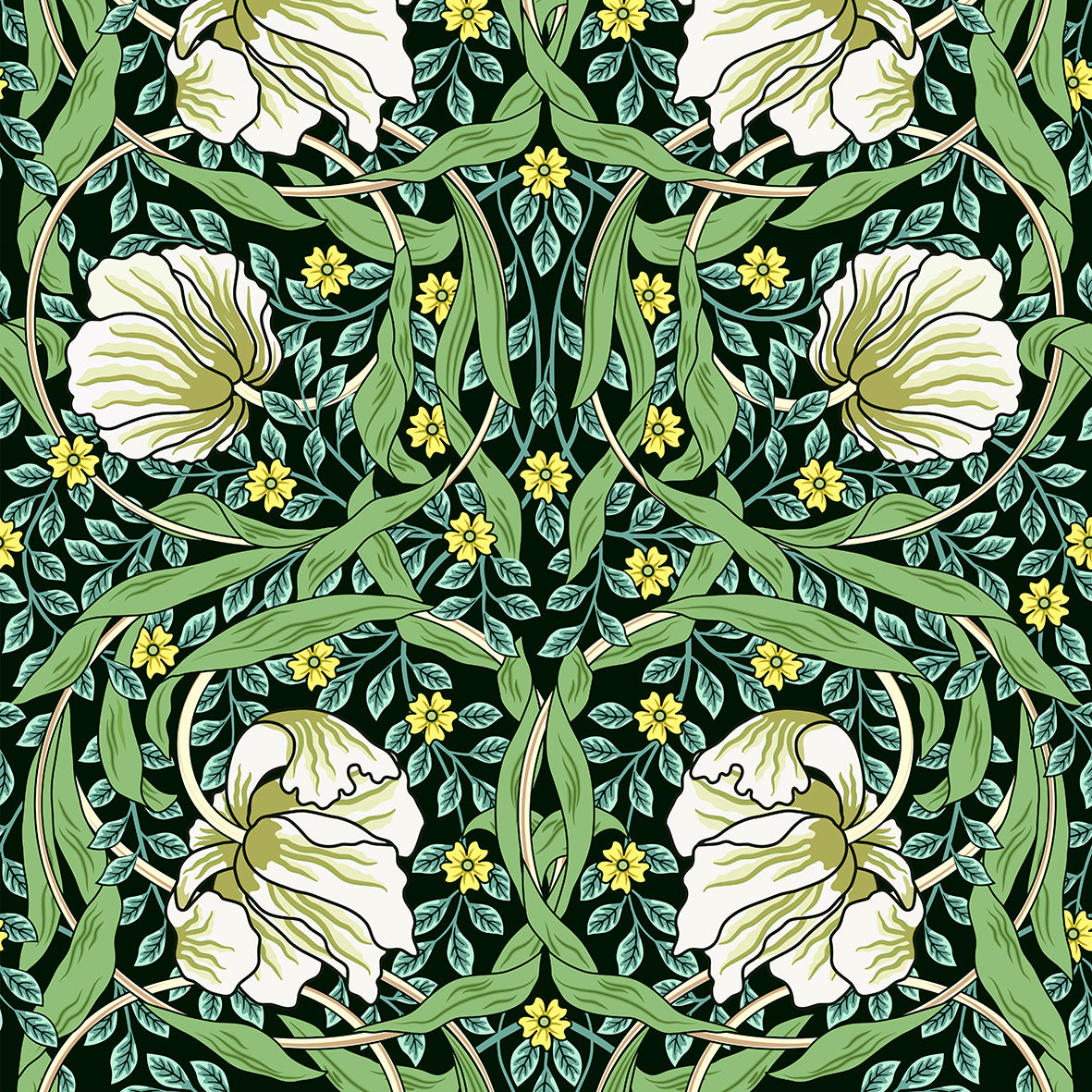Decorative pattern with white flowers and green leaves on a dark background
