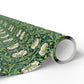 Roll of green floral patterned paper on a white background