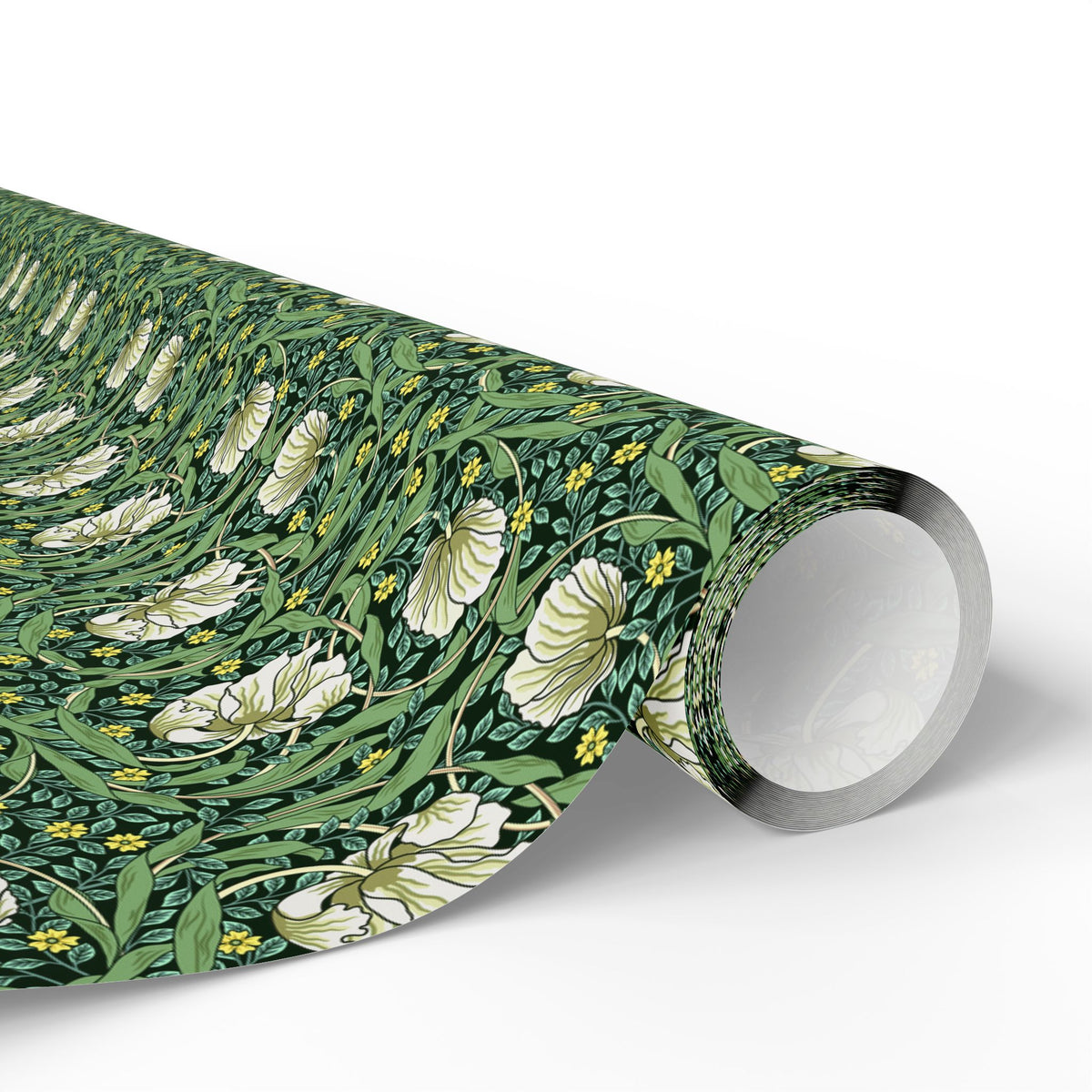 Roll of green floral wrapping paper on a white background
