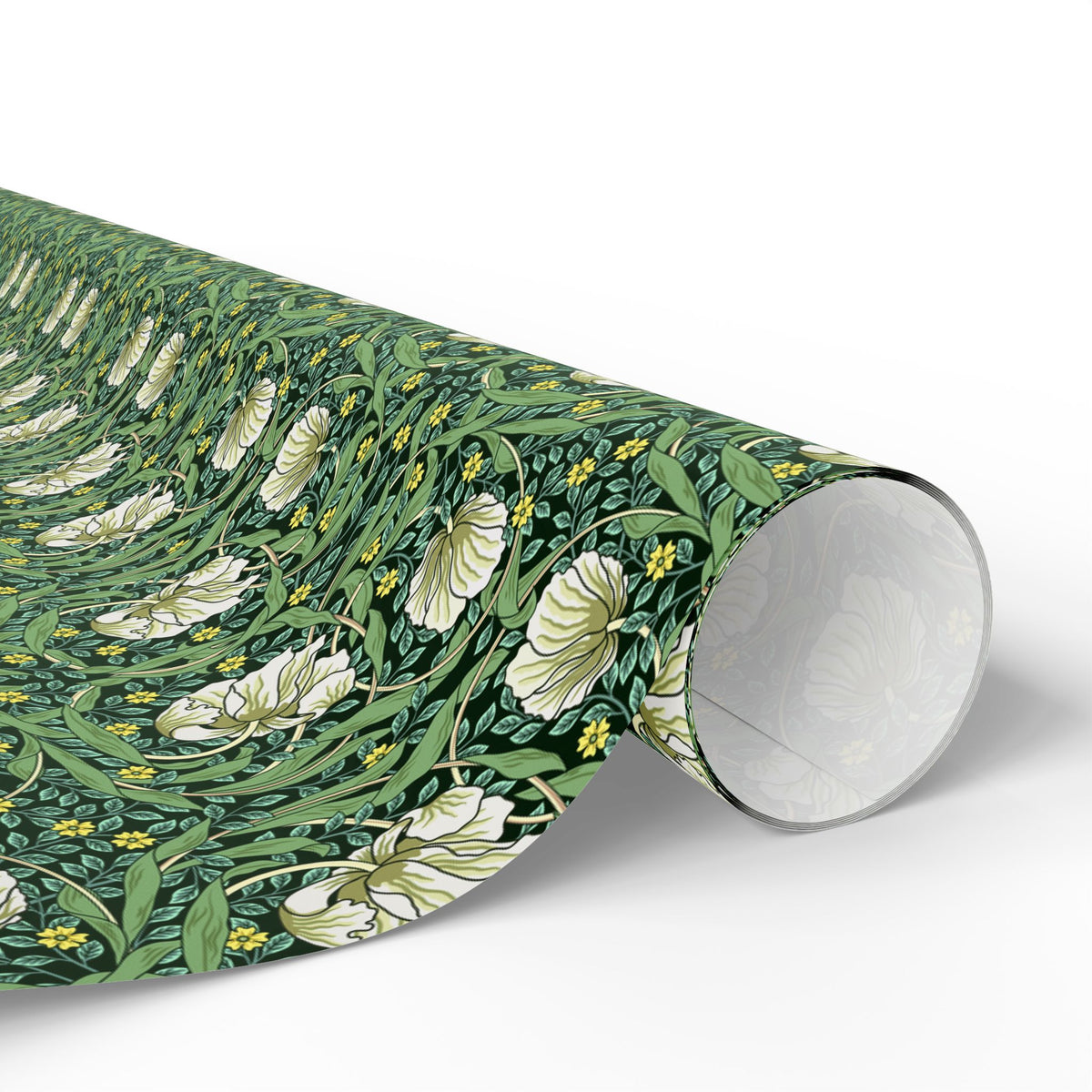 Roll of green floral patterned paper on a white background
