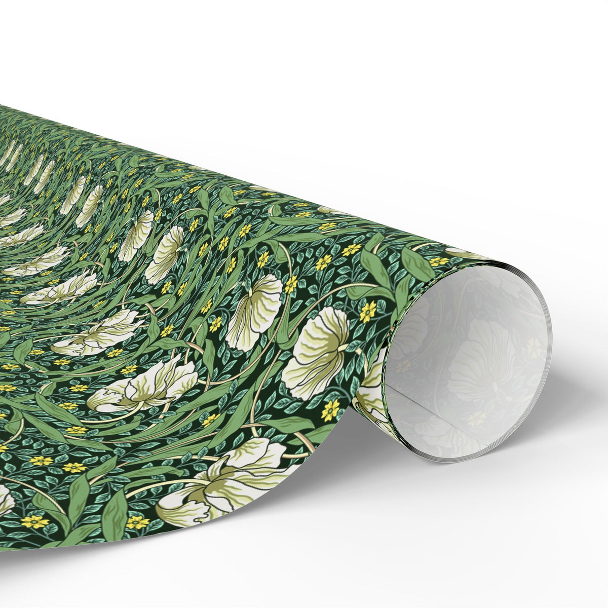 Roll of floral-patterned wrapping paper on a white background