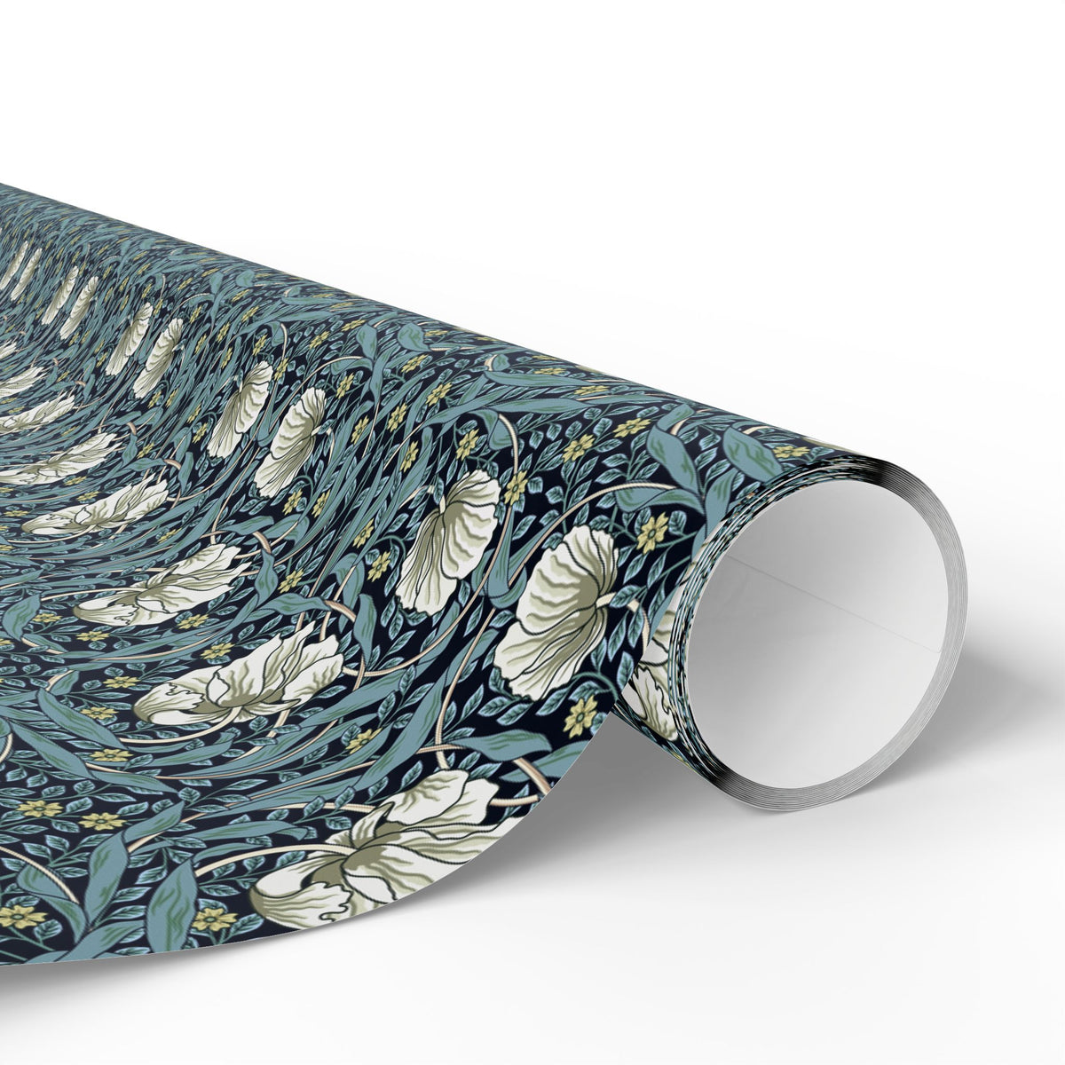 Roll of floral-patterned wrapping paper on a white background