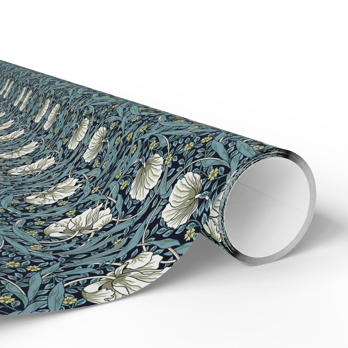 Roll of floral-patterned wrapping paper on a white background