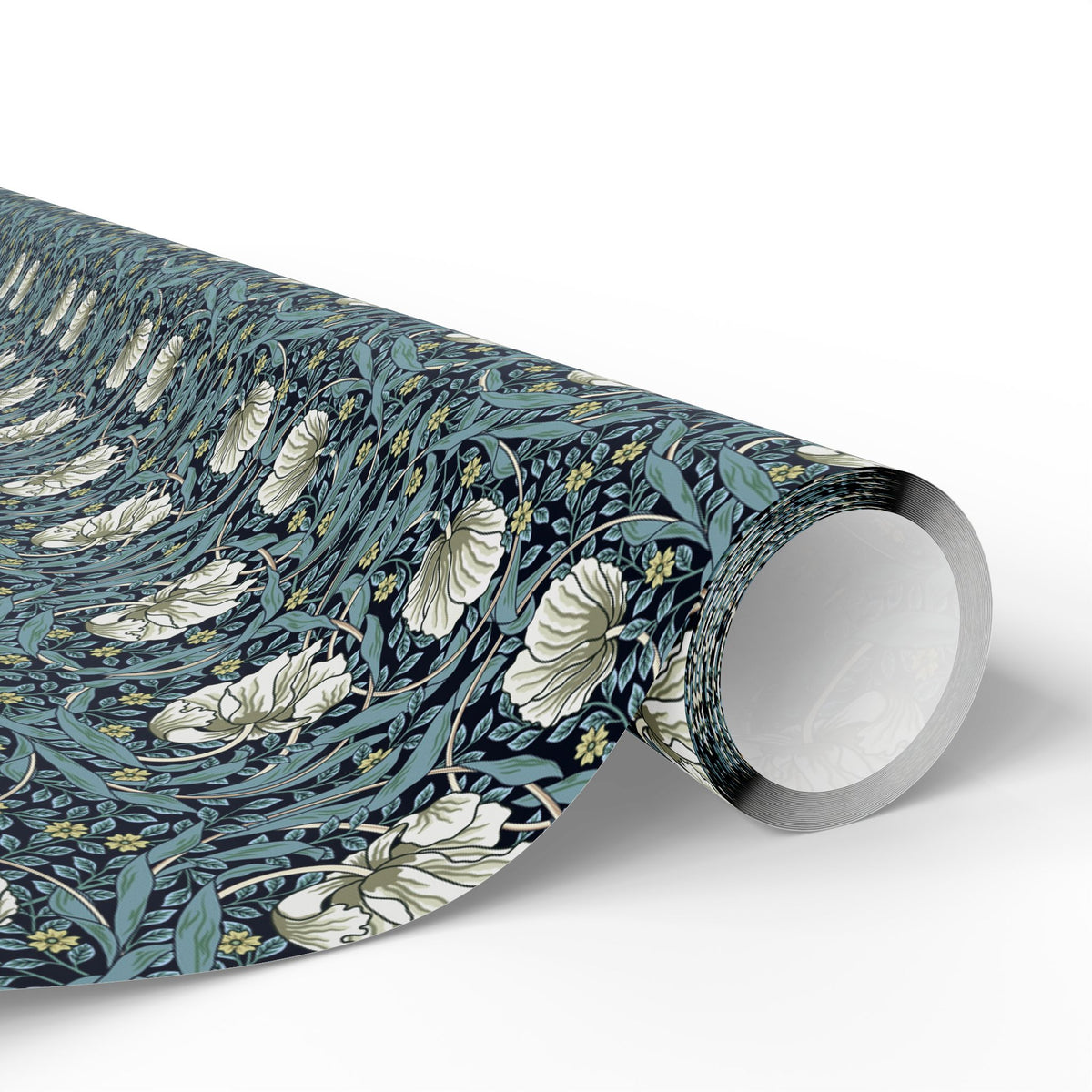 Roll of floral patterned paper on a white background