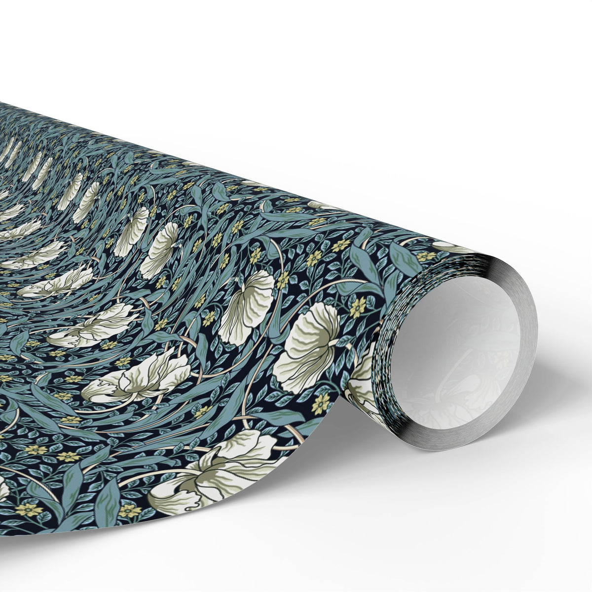 Roll of floral patterned paper on a white background
