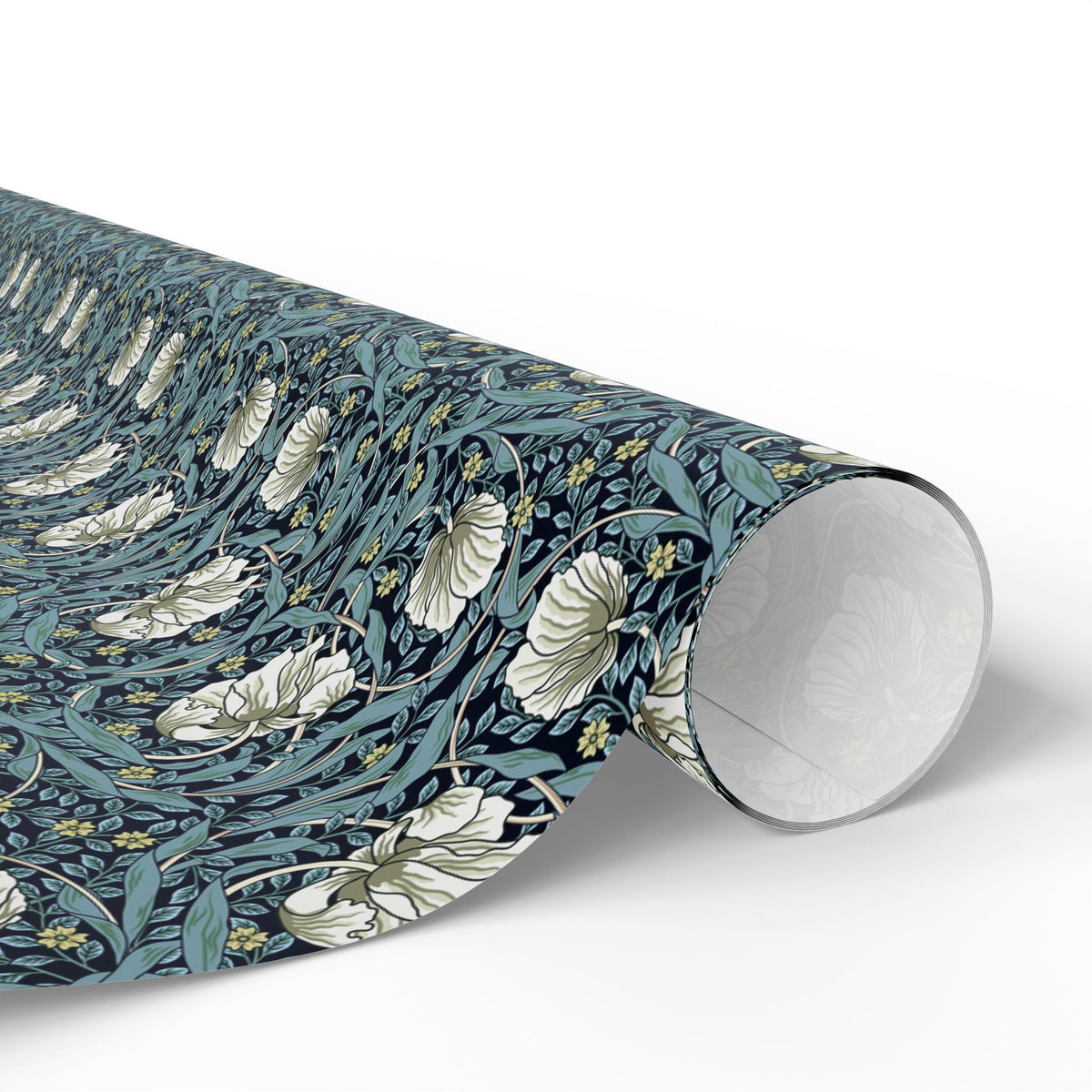 Roll of floral patterned paper on a white background
