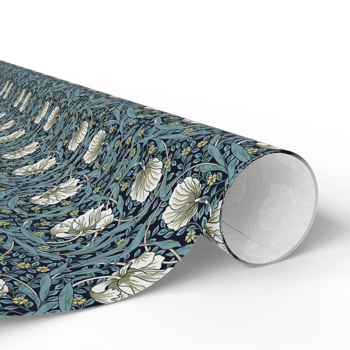 Roll of floral patterned paper on a white background