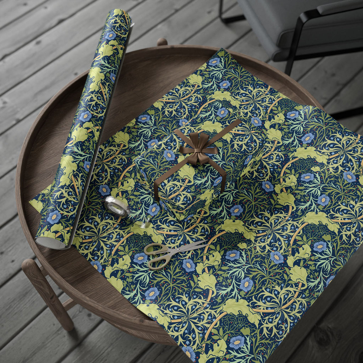 Decorative wrapping paper with floral pattern on a wooden table