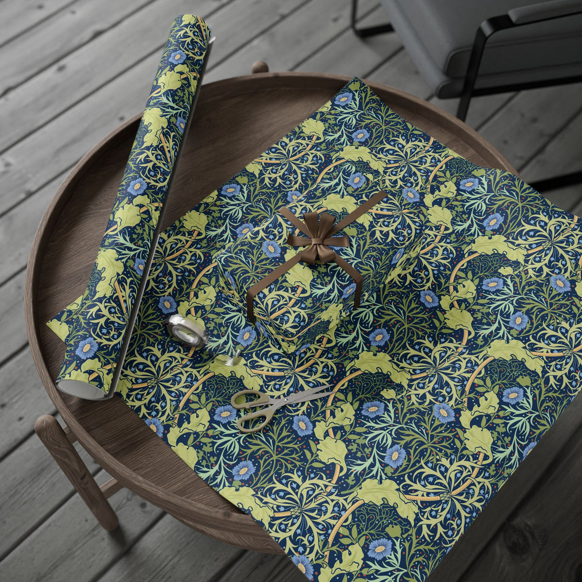 Decorative wrapping paper with floral pattern on a wooden table