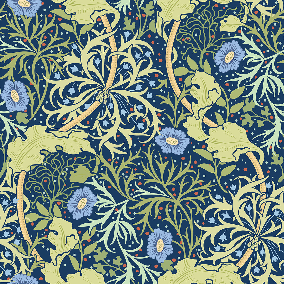Decorative pattern with blue flowers and green leaves on a dark blue background