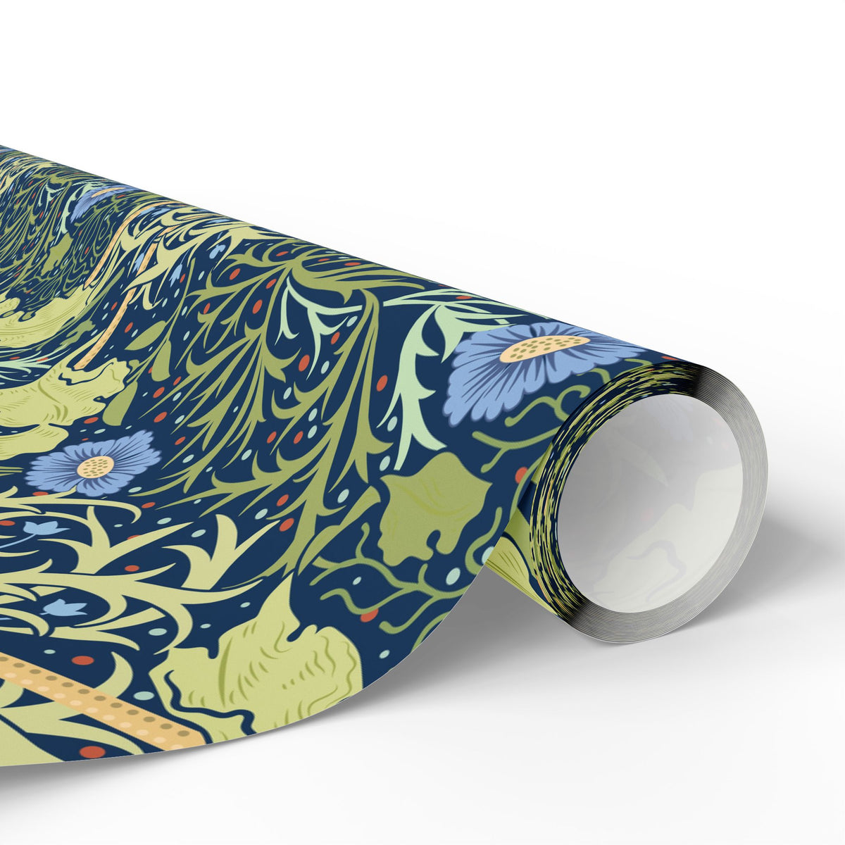 Roll of decorative paper with a floral pattern on a white background