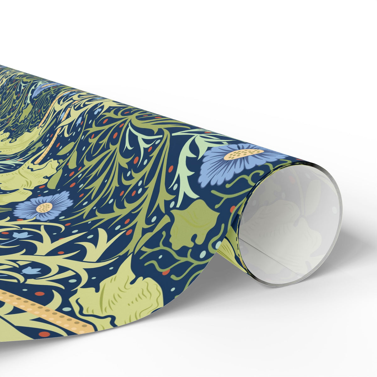 Roll of decorative paper with a floral pattern on a white background