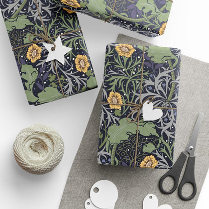 Gift-wrapped packages with decorative paper, scissors, and yarn on a white surface