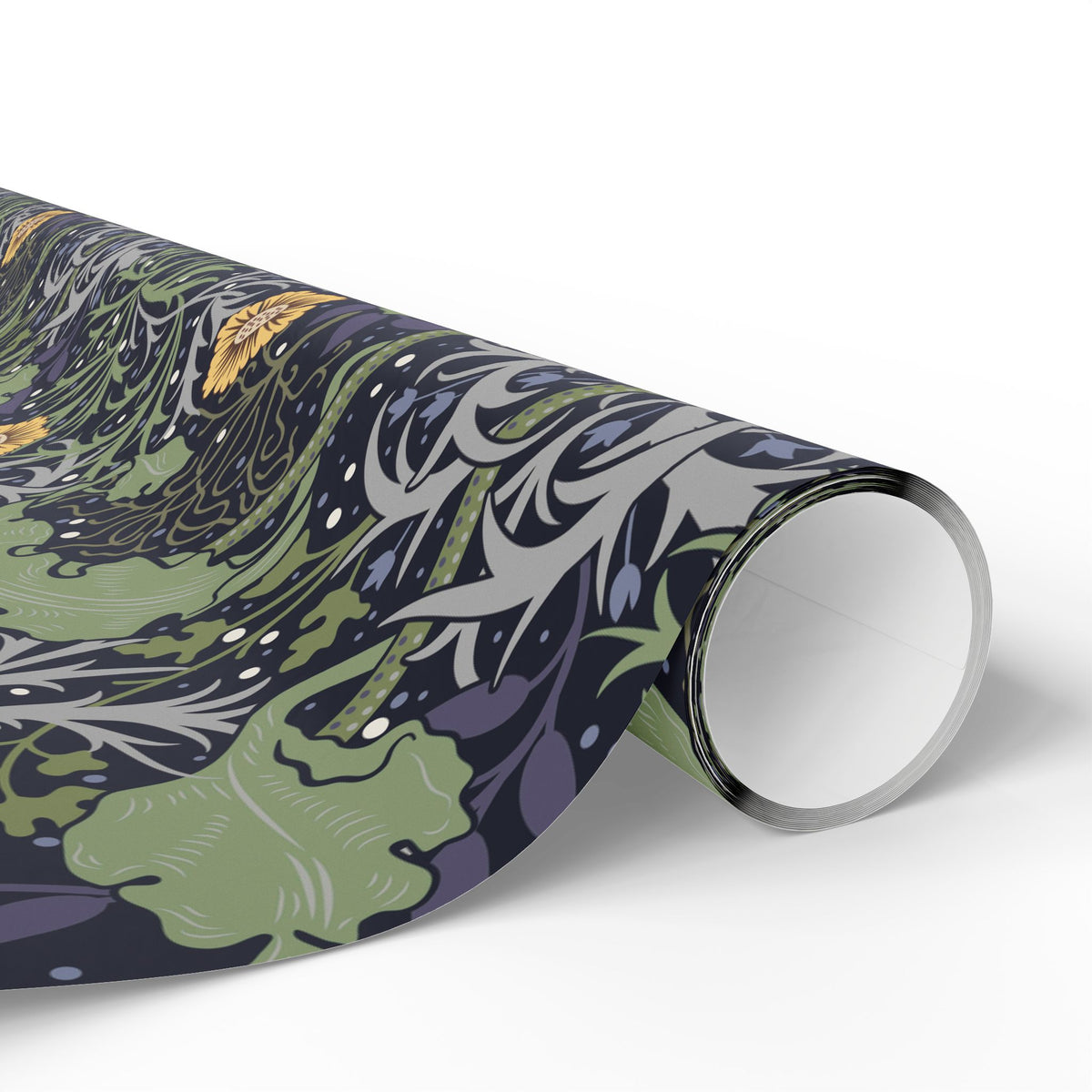 Roll of decorative paper with a floral pattern on a white background