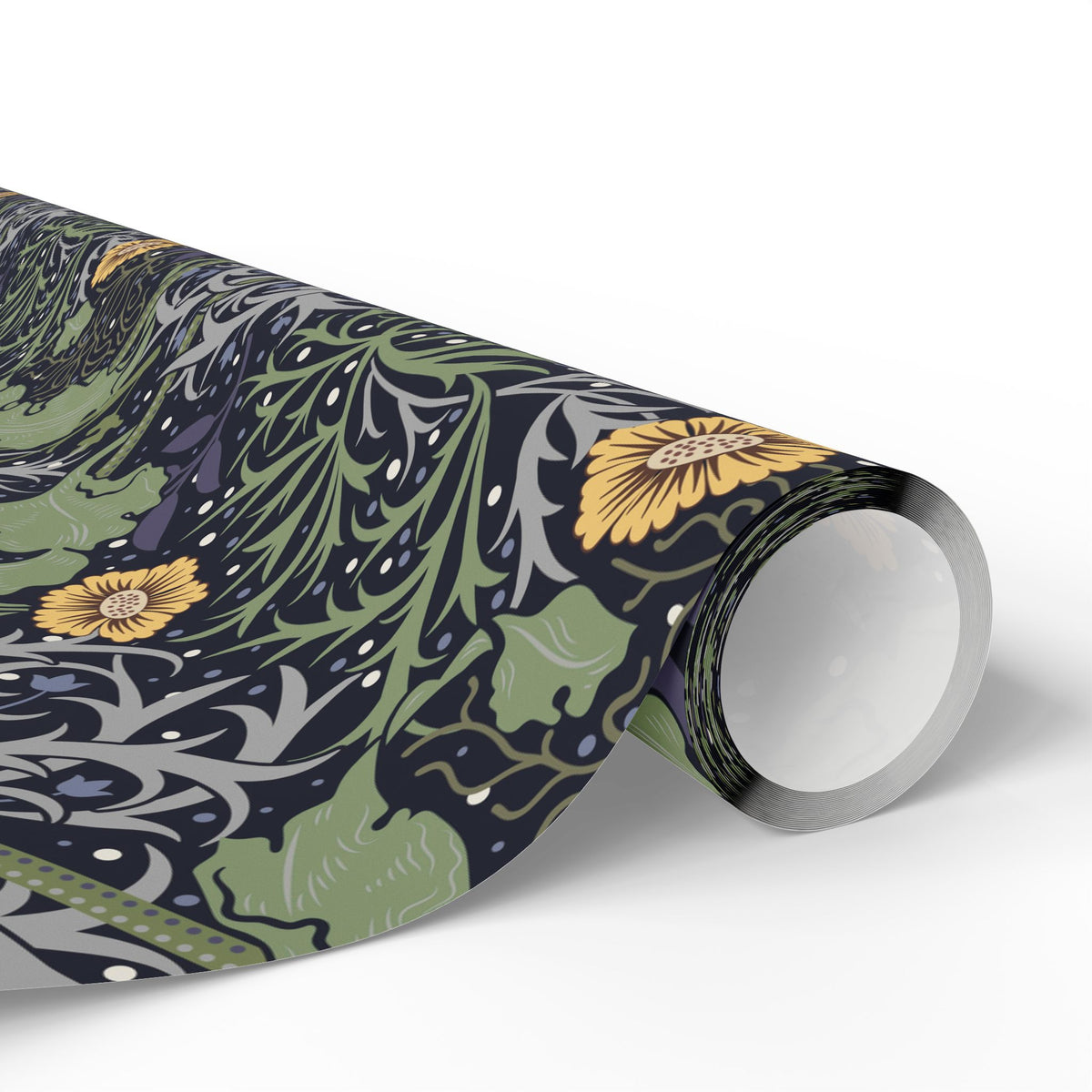 Roll of decorative paper with floral and nature-themed design on a white background