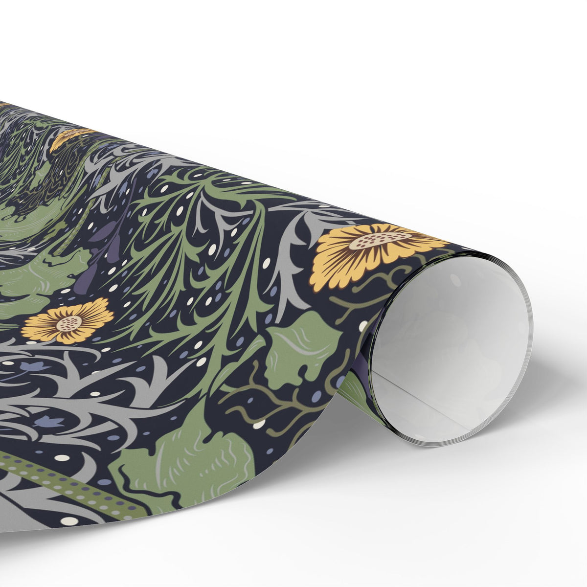 Roll of decorative paper with nature-themed design on a white background