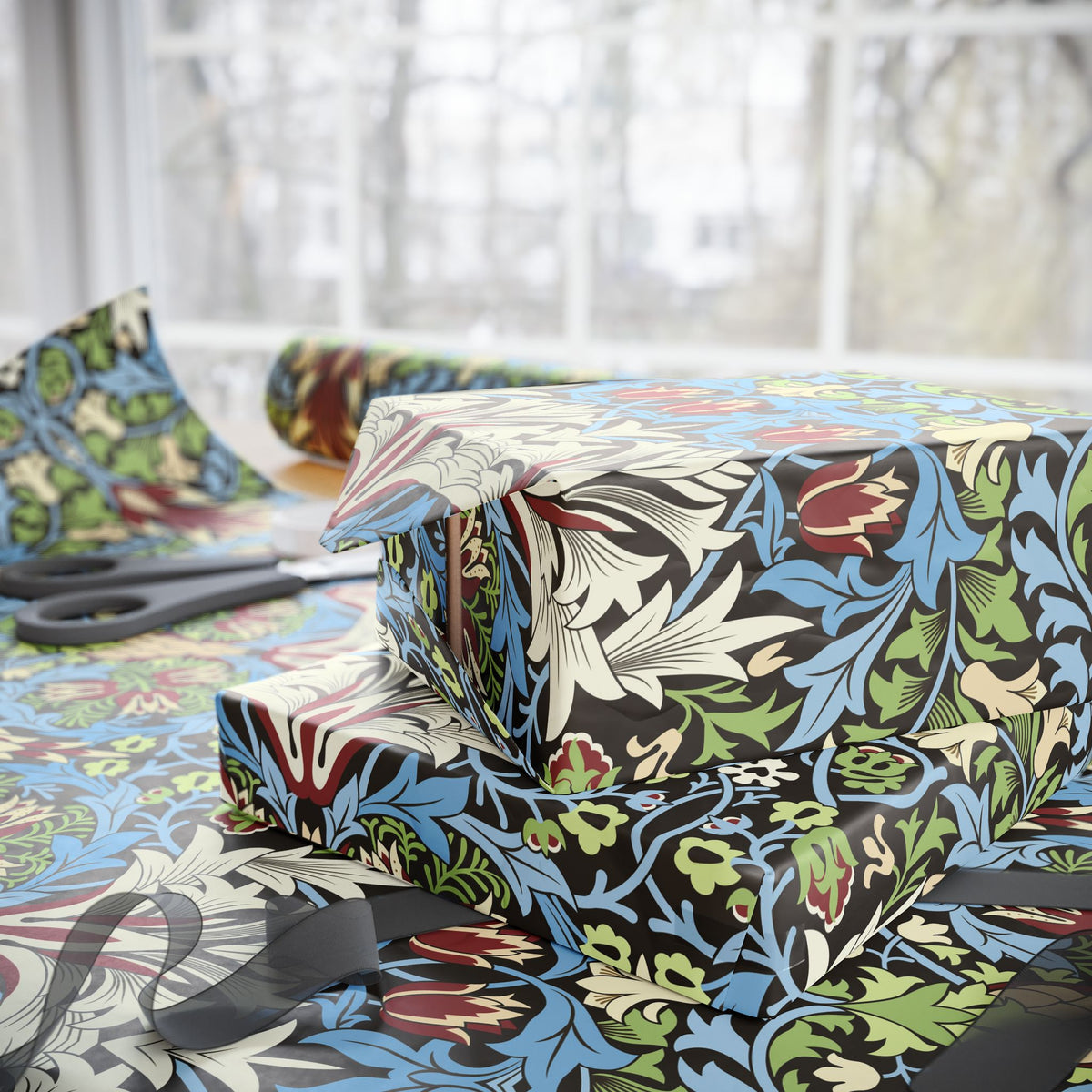 Floral-patterned fabric with scissors on a table