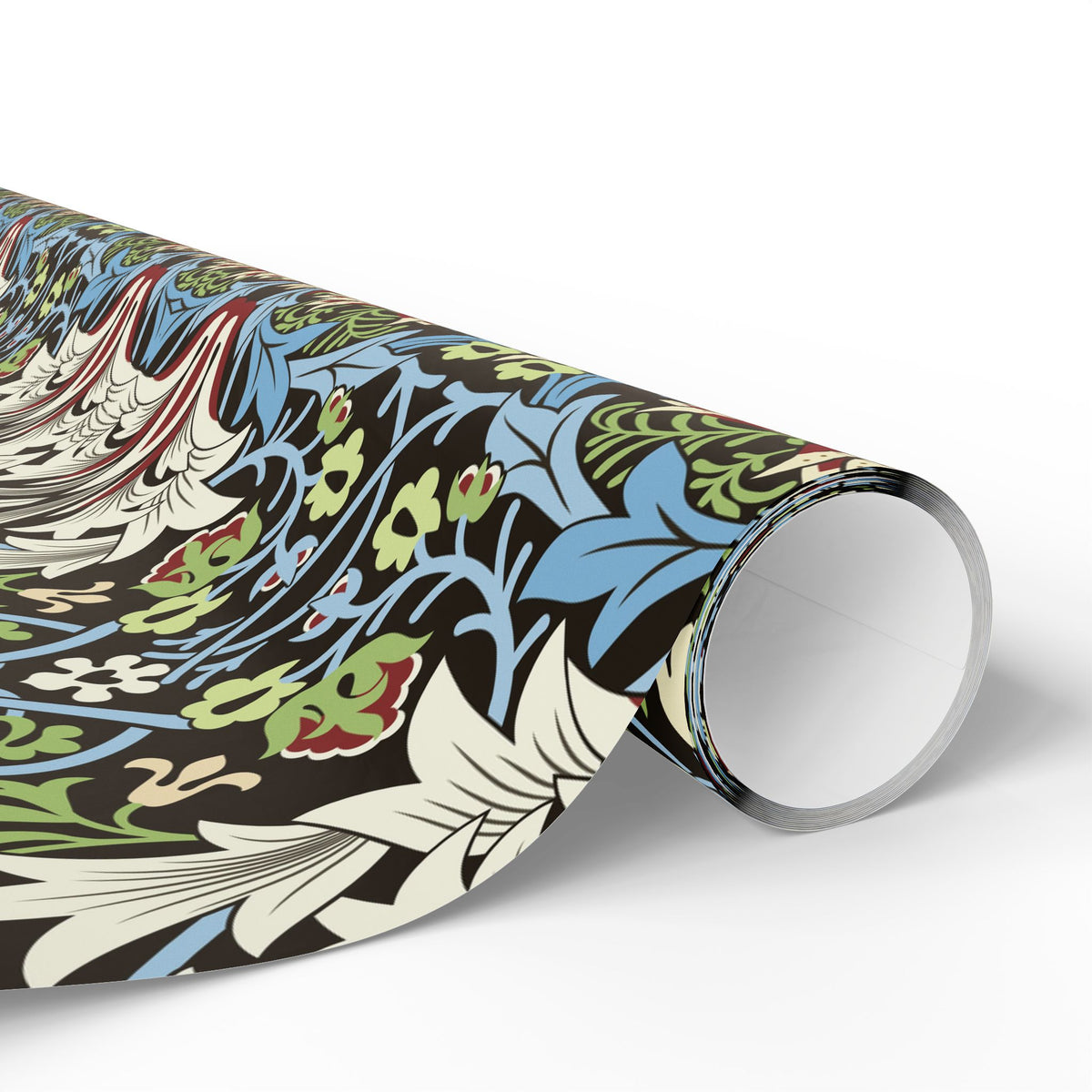 Roll of decorative paper with colorful floral and bird pattern on a white background