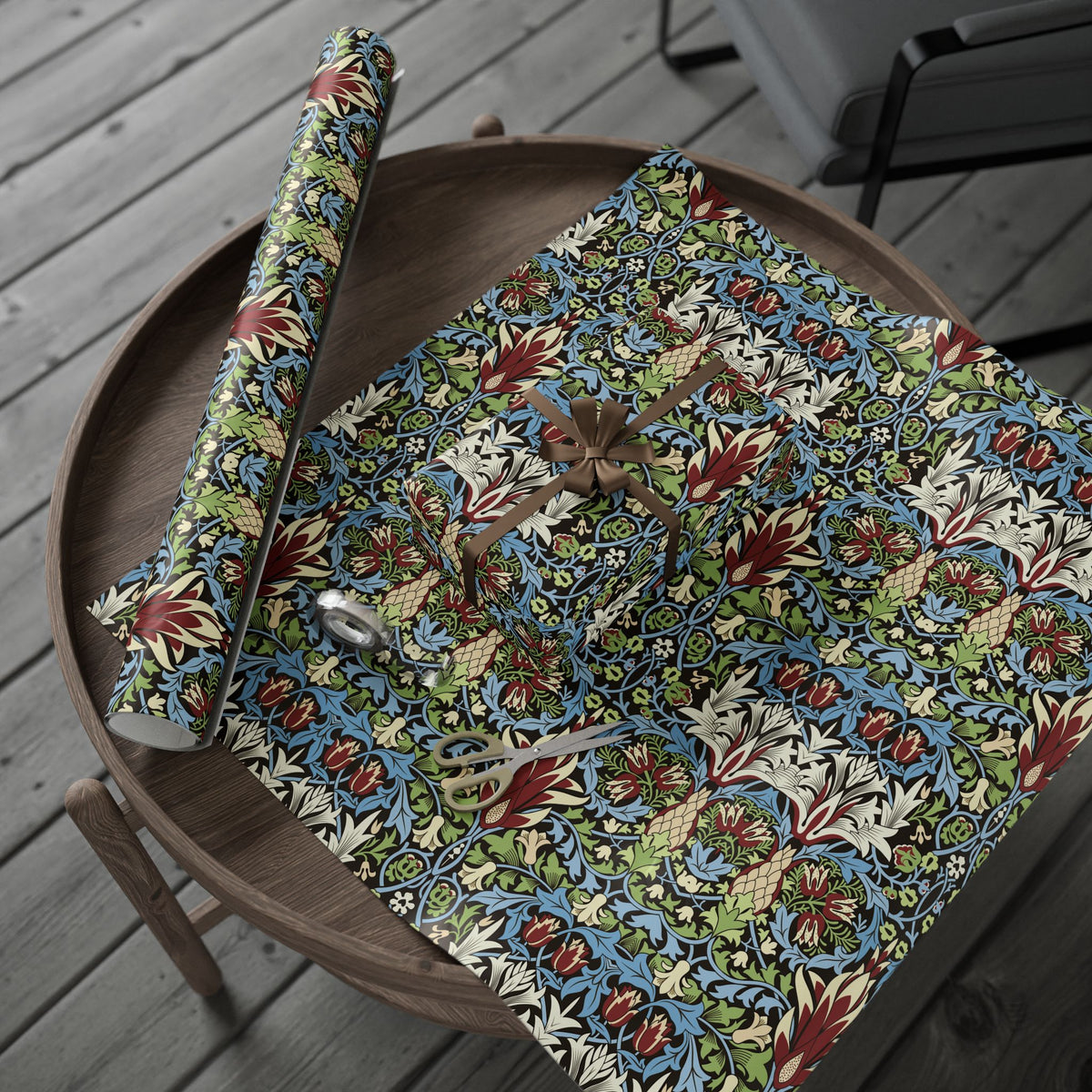 Floral-patterned fabric on a wooden surface