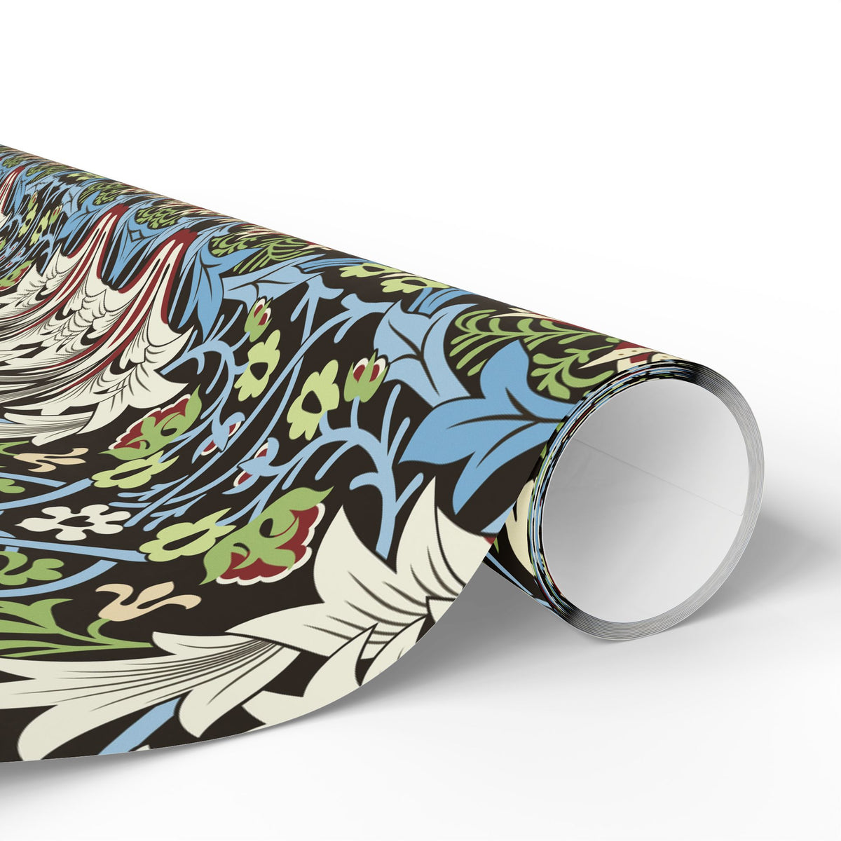 Roll of decorative paper with a colorful floral pattern on a white background