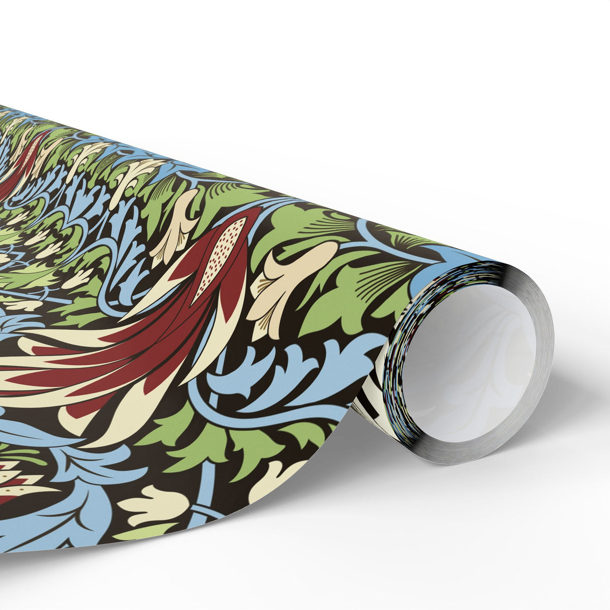 Roll of colorful floral-patterned paper on a white background