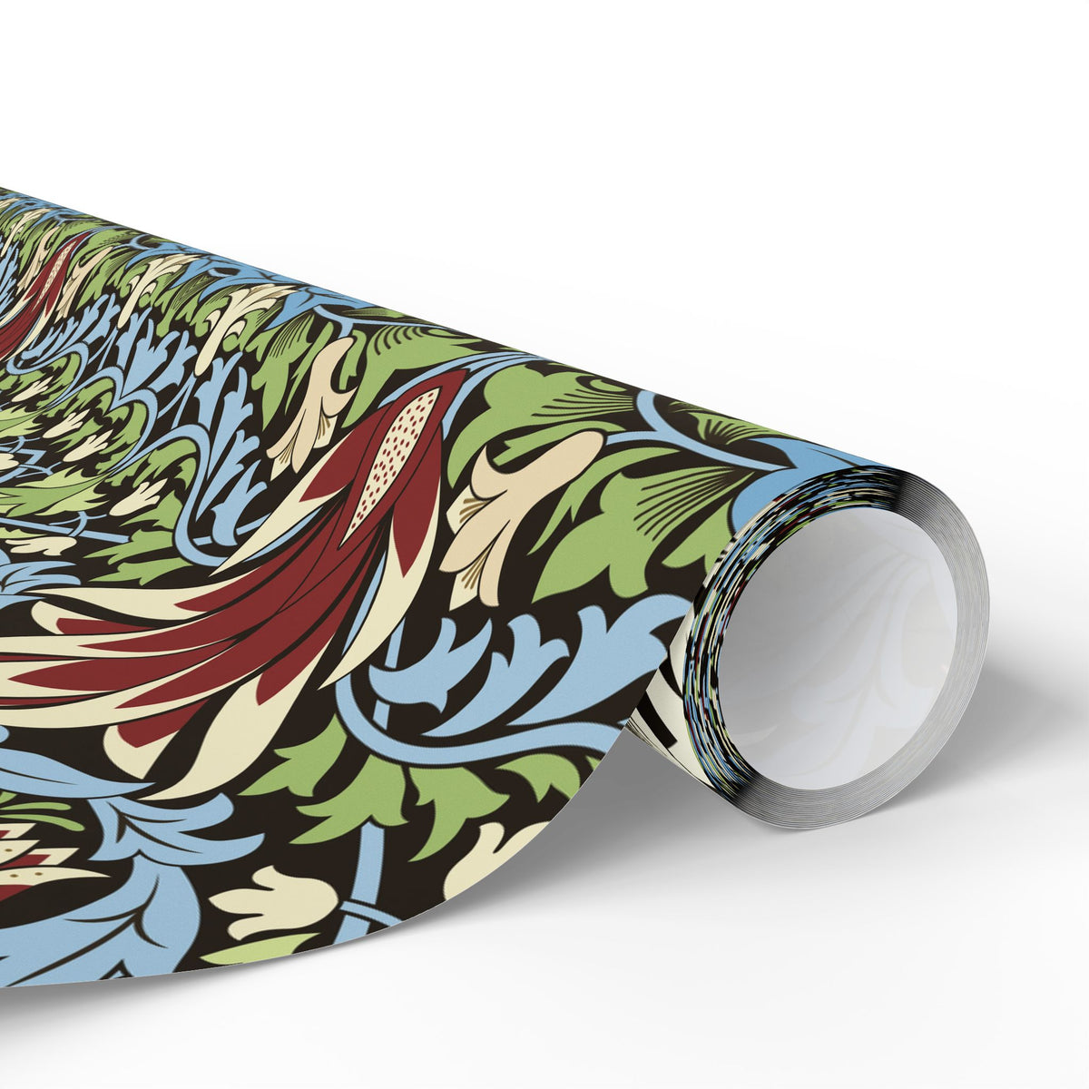 Roll of colorful floral-patterned paper on a white background