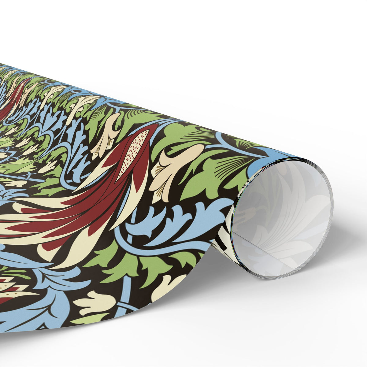Roll of decorative paper with a colorful floral pattern on a white background