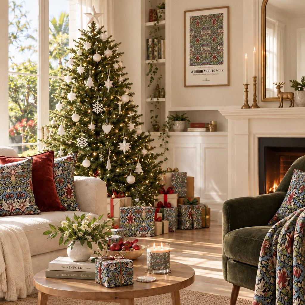 A beautifully decorated living room featuring a lit Christmas tree, wrapped gift boxes, patterned cushions, and a cozy fireplace. A framed vintage-style Christmas print hangs on the wall above the mantel.